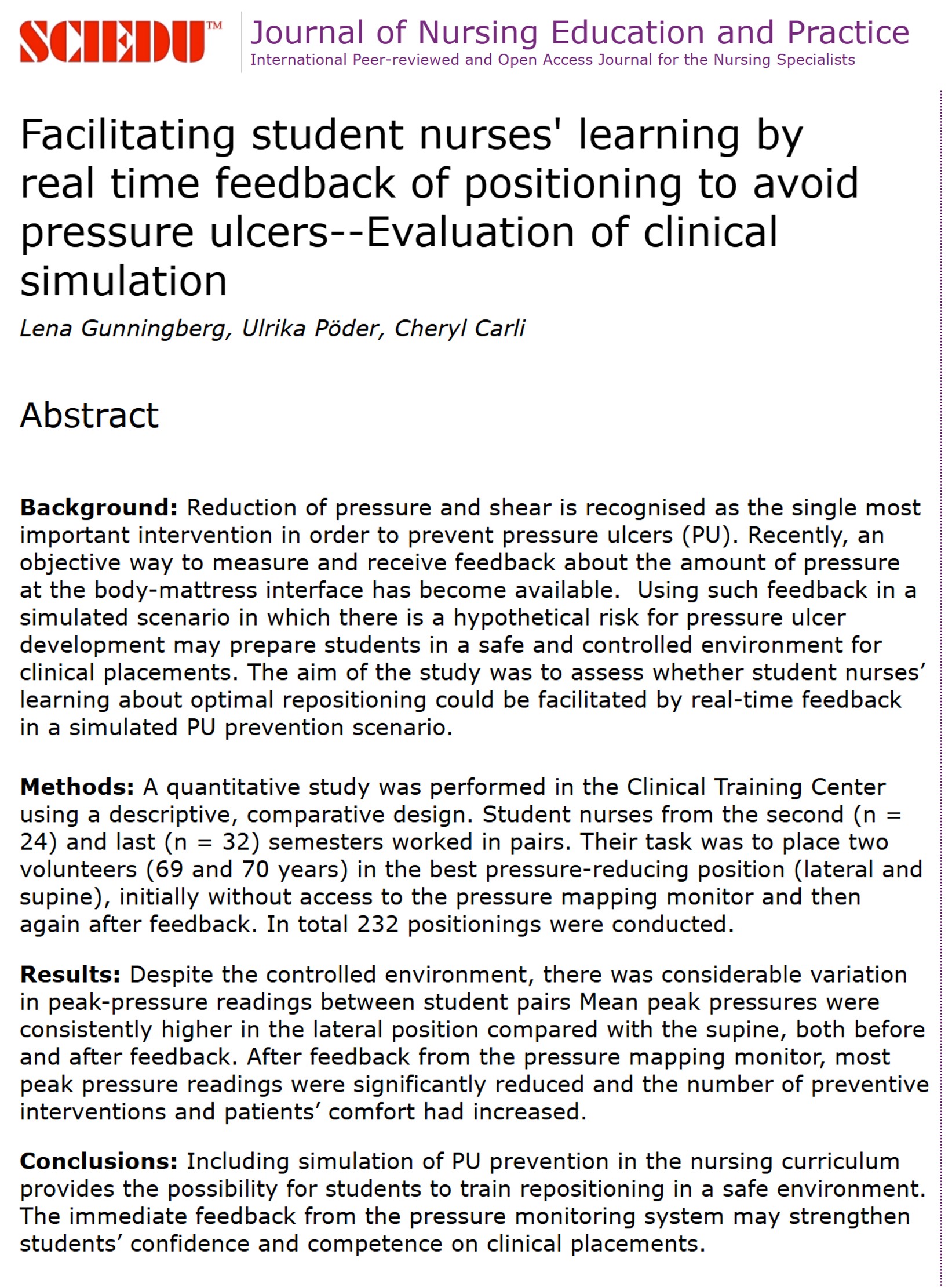 Facilitating Student Nurses’ Learning by Real Time Feedback of Positioning to Avoid Pressure Ulcers–Evaluation of Clinical Simulation