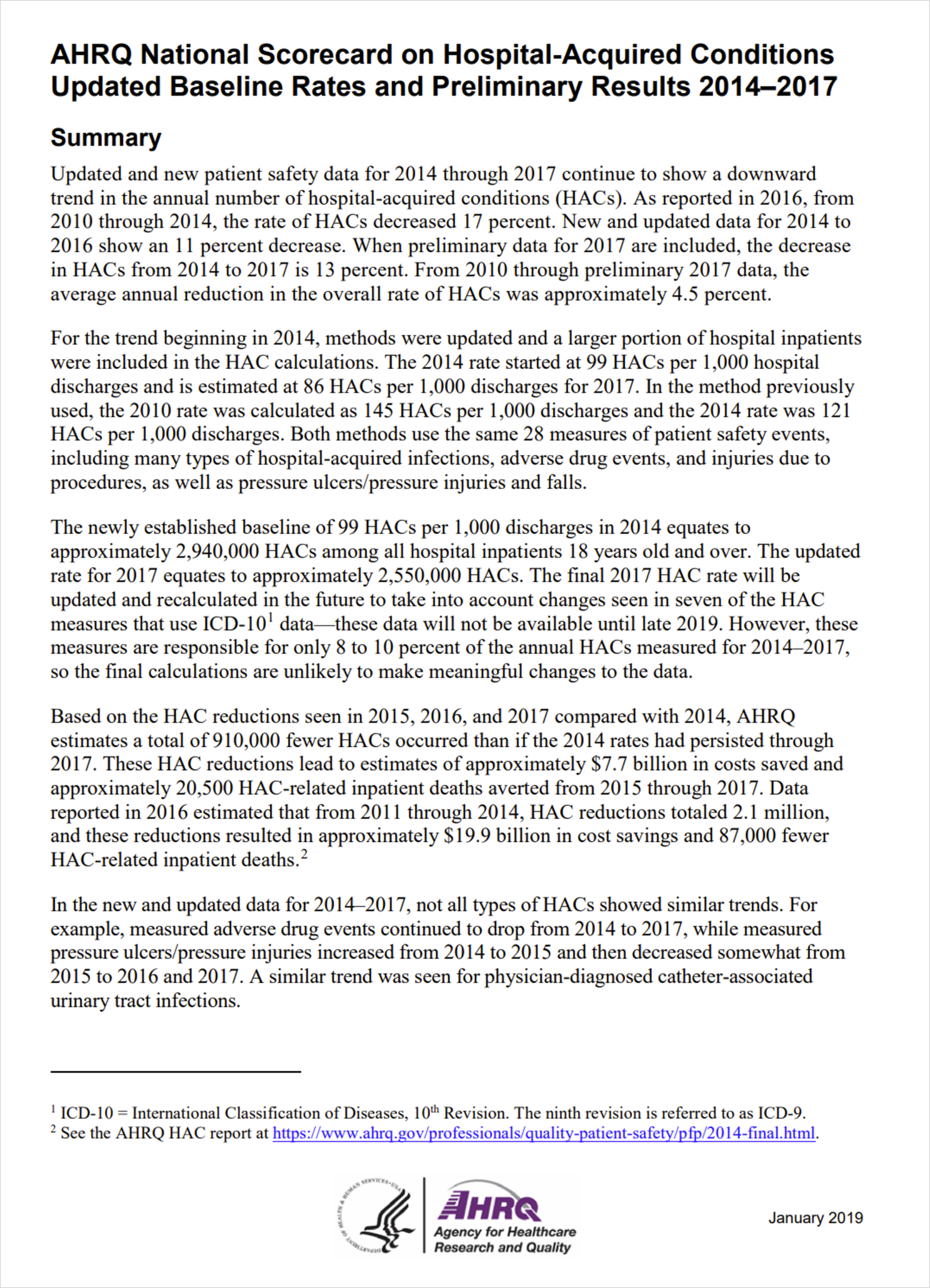 AHRQ National Scorecard on Hospital-Acquired Conditions: Updated Baseline Rates and Preliminary Results 2014-2017